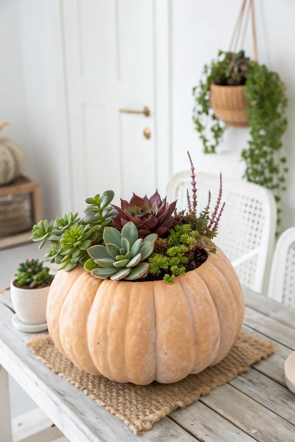 Embrace autumn elegance with a charming pumpkin succulent planter. Perfect for adding a touch of greenery to your home this season!