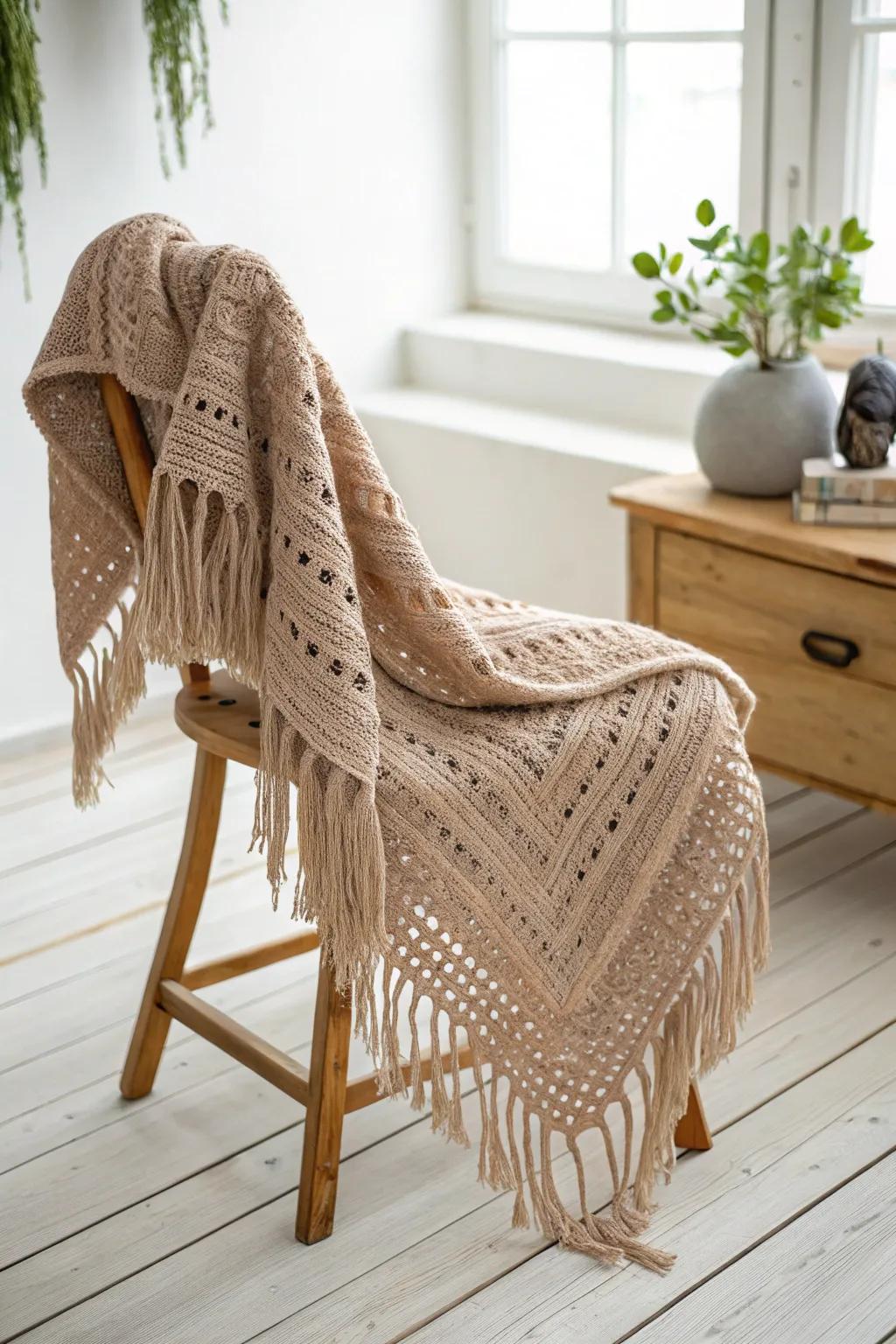 Embrace the elegance of simplicity with this fringe-free crochet shawl, perfect for adding warmth without the fuss.