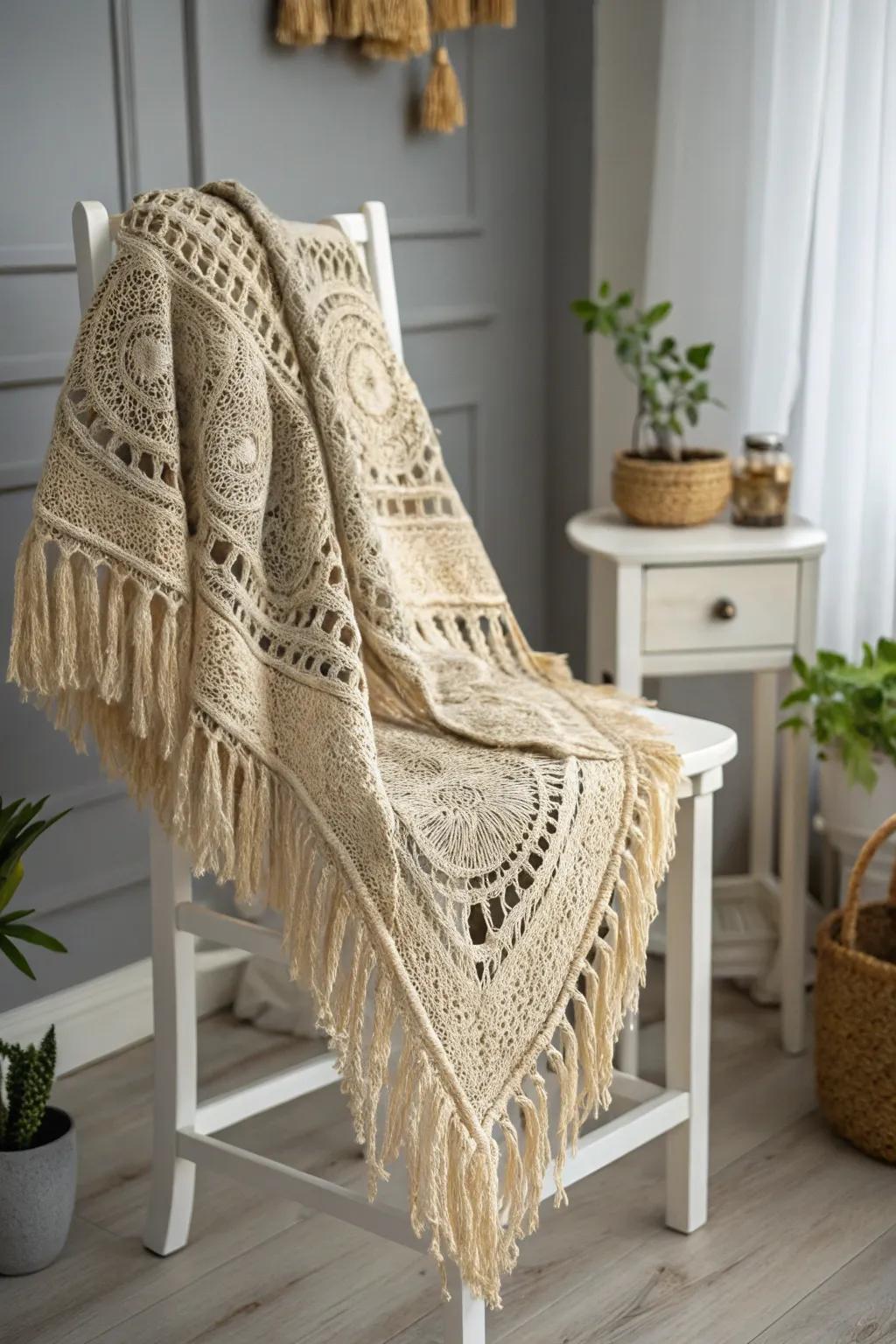 Embrace bohemian elegance with this exquisite crochet shawl, where simplicity meets artistic flair.