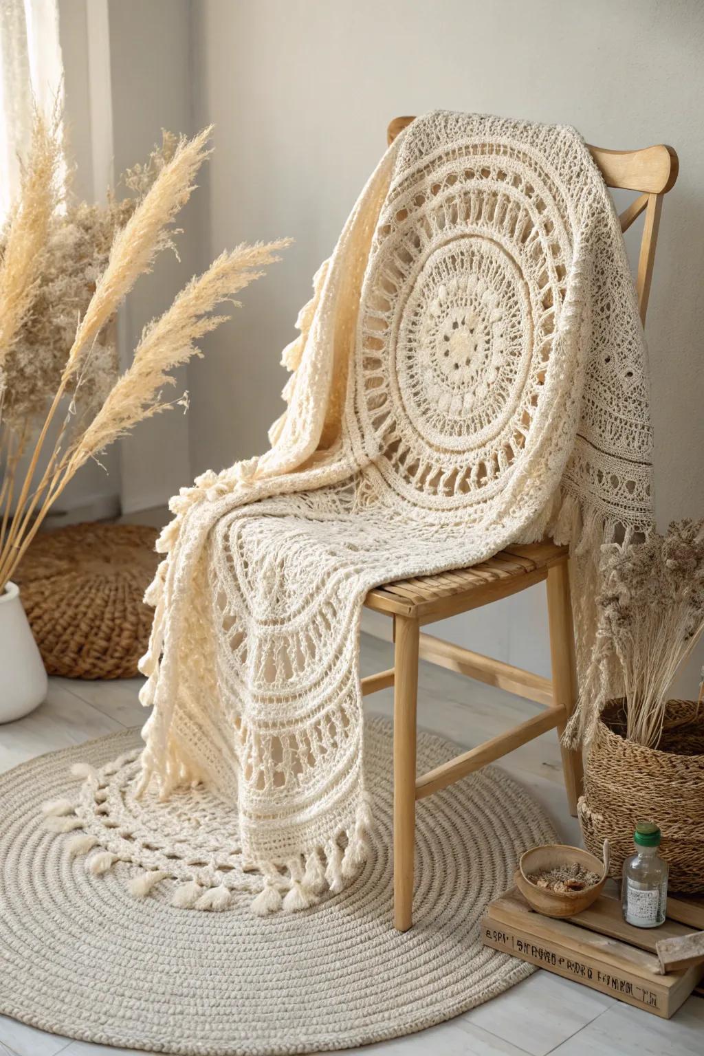 Wrap yourself in elegance with this stunning circular crochet shawl, blending minimalist charm with boho flair.