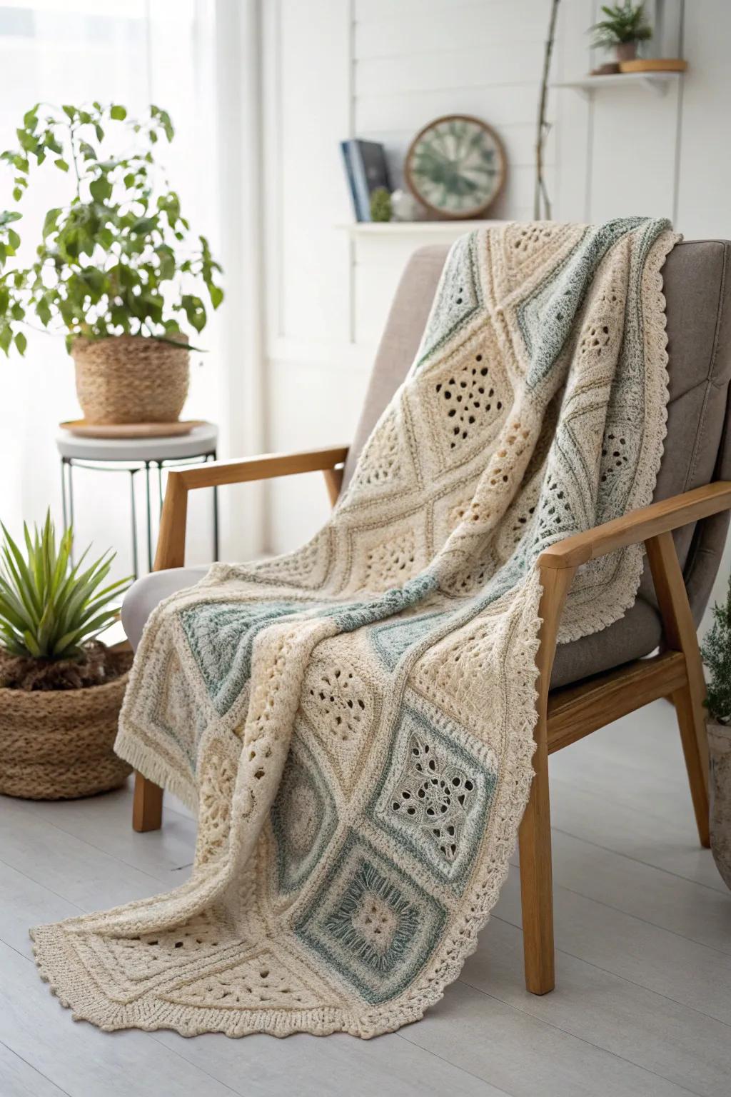 Embrace modern elegance with this stunning geometric crochet shawl.