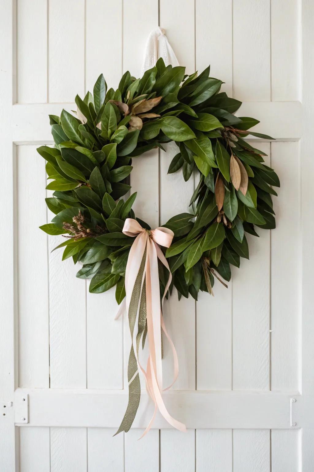 Add elegance with a magnolia wreath accented by colorful ribbons.