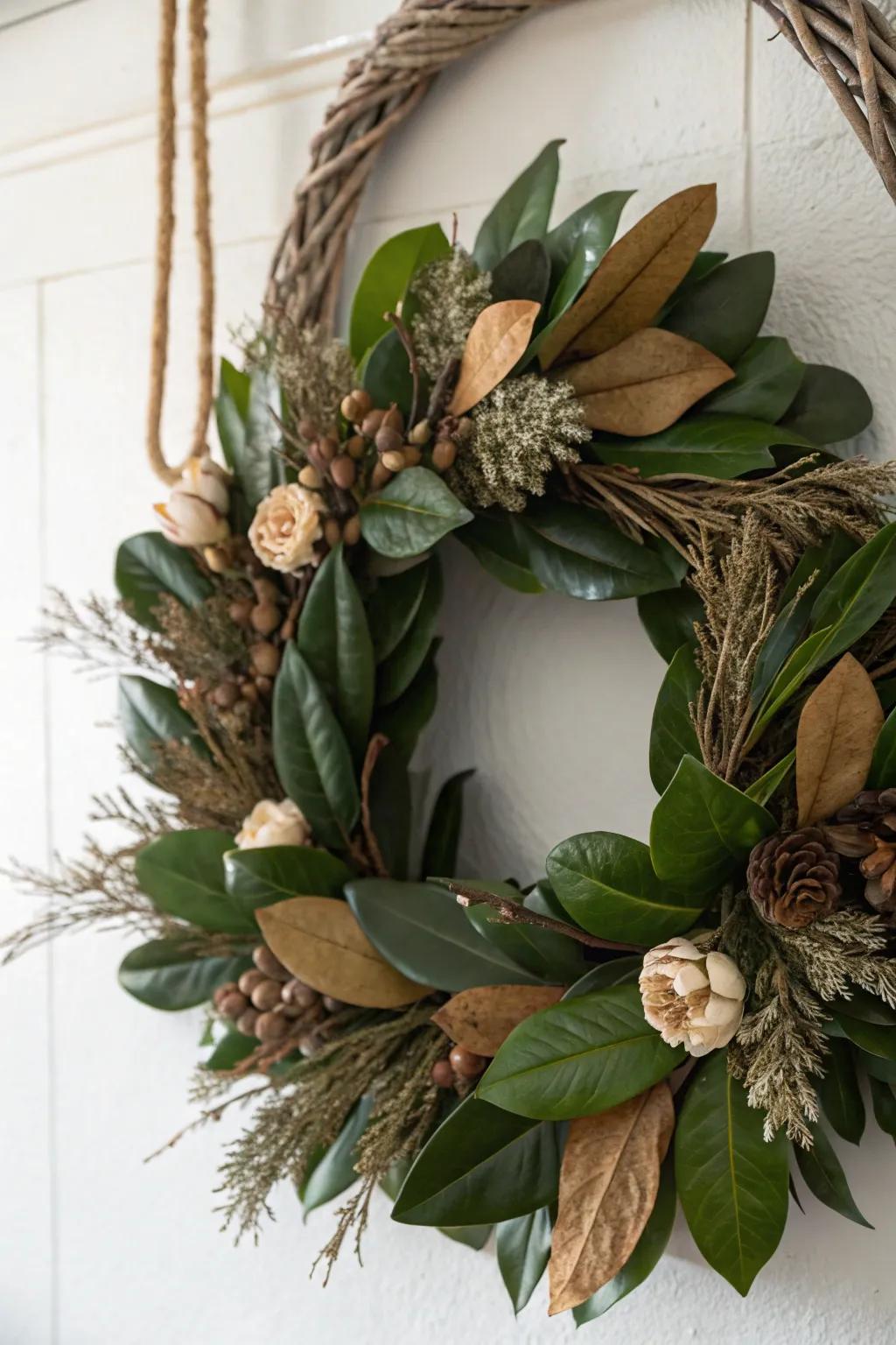 Add rustic warmth with twigs and dried flowers in your magnolia wreath.