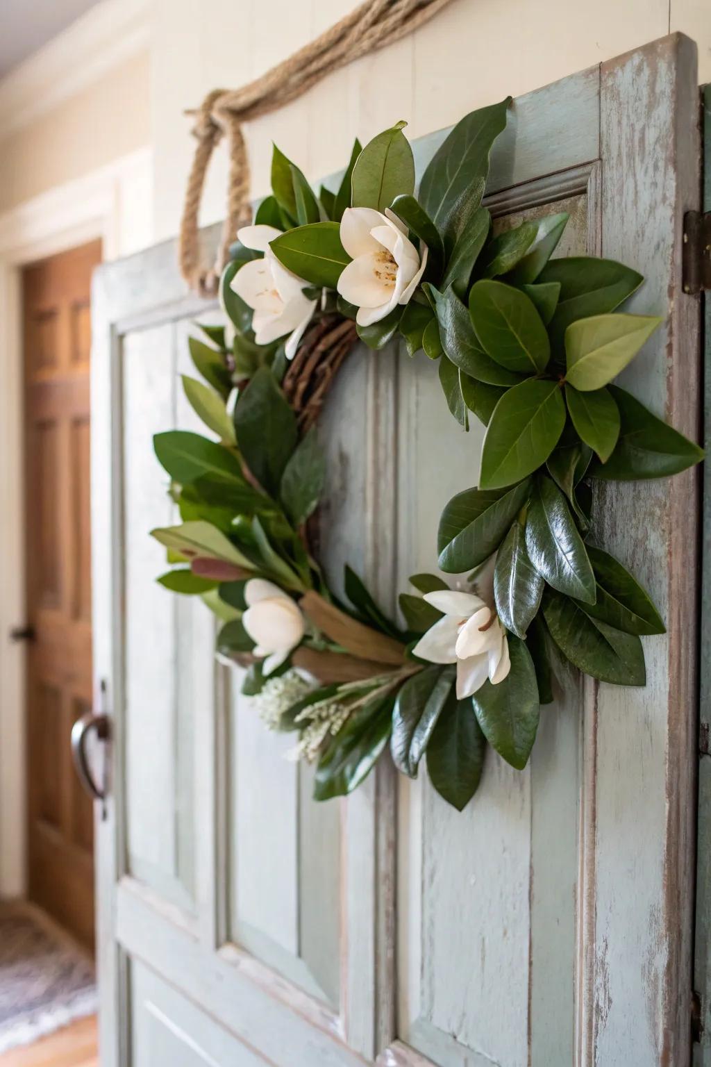 Mini magnolia wreaths add subtle elegance to small spaces.