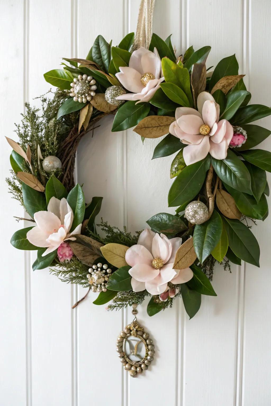 Add vintage flair with buttons and brooches on your magnolia wreath.