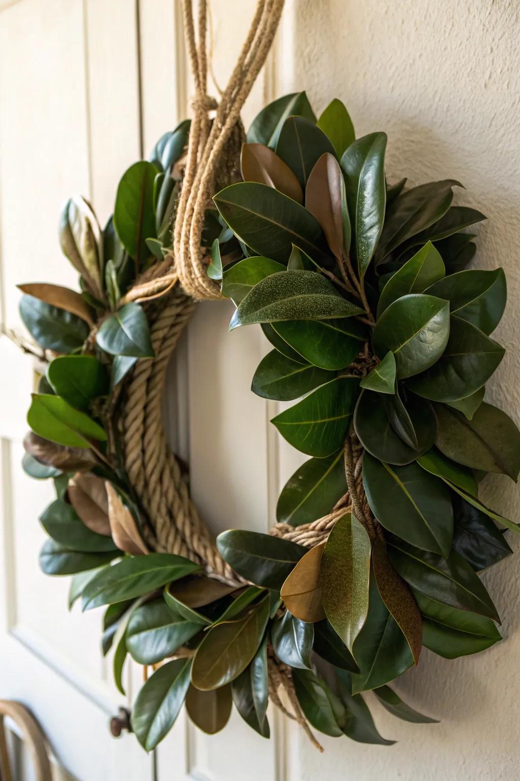 Create an eco-conscious magnolia wreath using biodegradable materials.