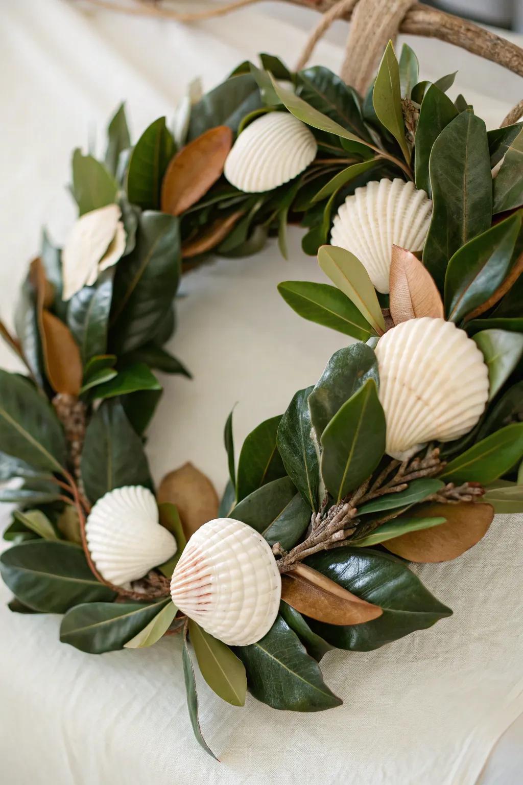 Bring seaside tranquility to your home with a magnolia and seashell wreath.