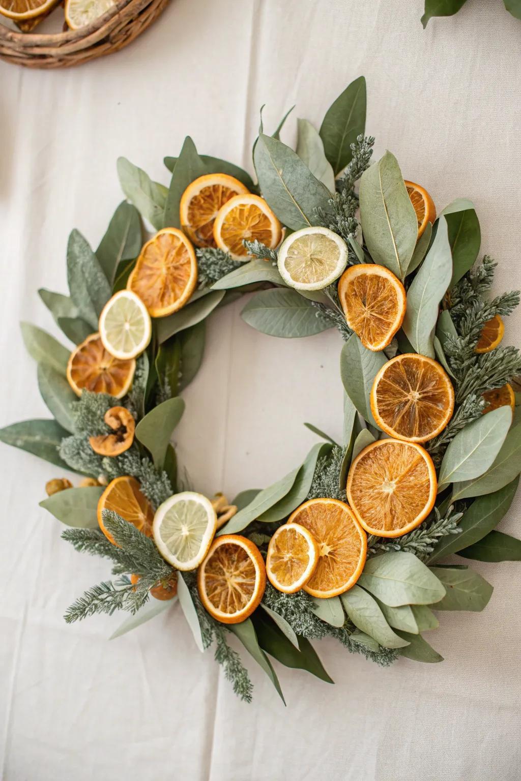 Add zest and fragrance with dried citrus slices on your magnolia wreath.