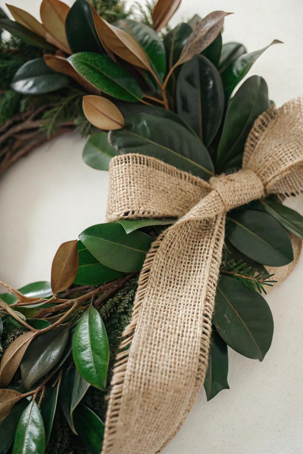 Combine burlap ribbon with magnolia leaves for a rustic yet elegant wreath.