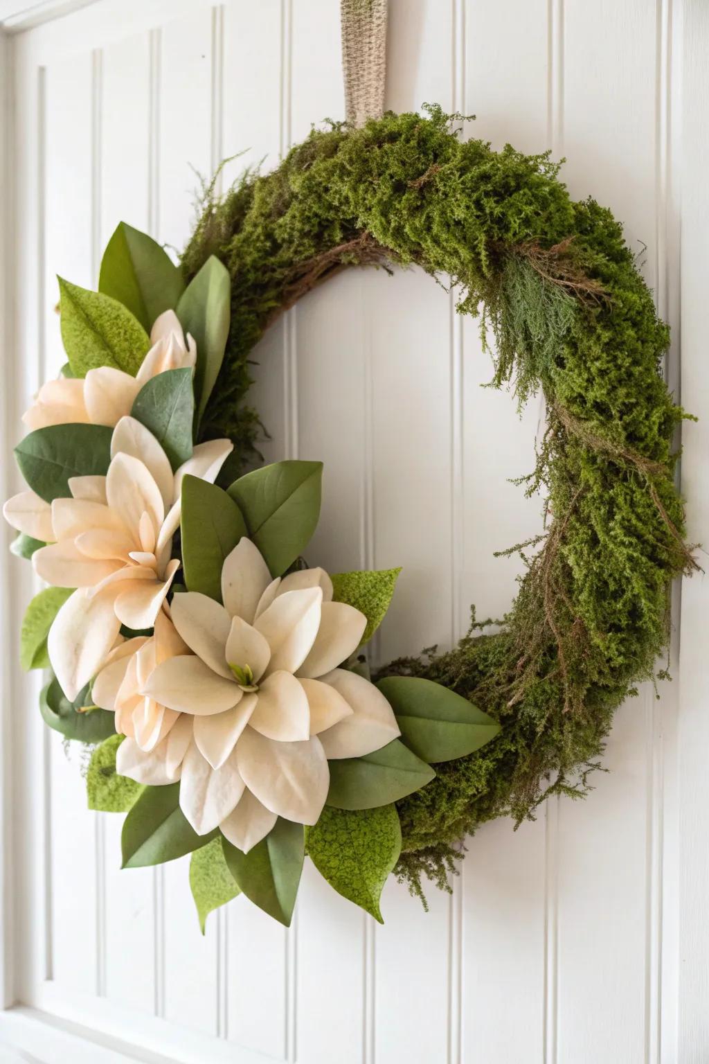 Combine moss and magnolia leaves for a lush, forest-inspired wreath.