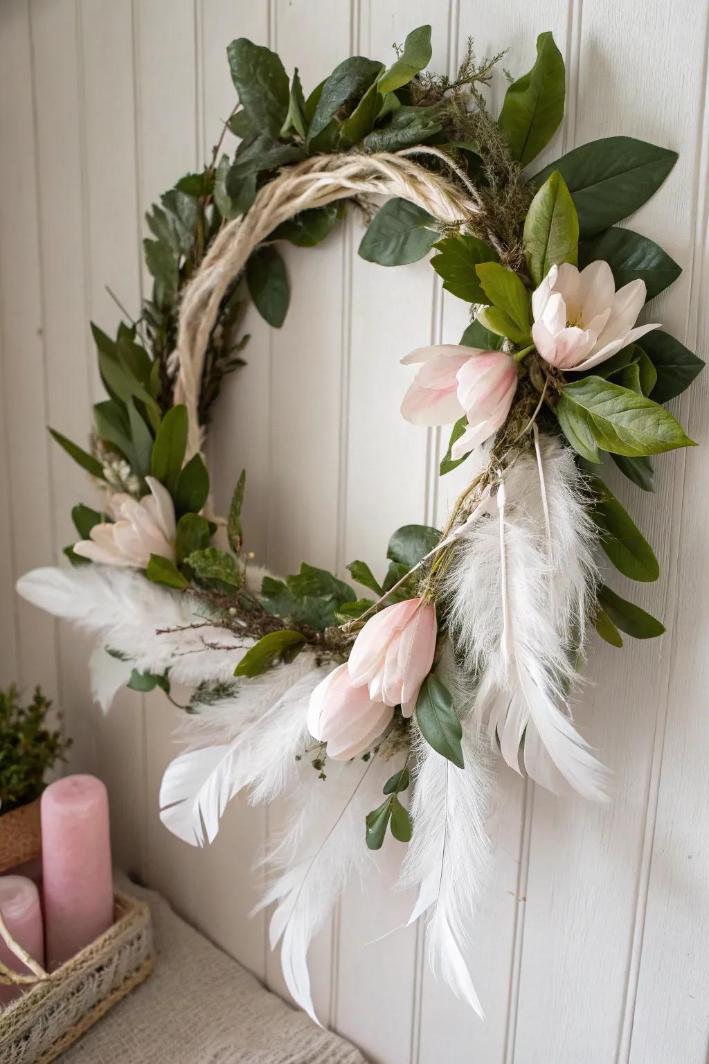 Incorporate feathers for a delicate, artistic wreath design.