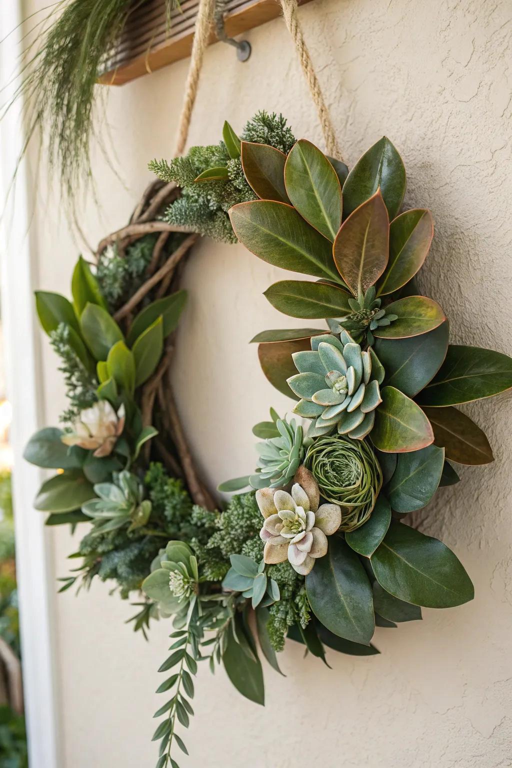Combine succulents with magnolia leaves for a fresh, contemporary wreath.