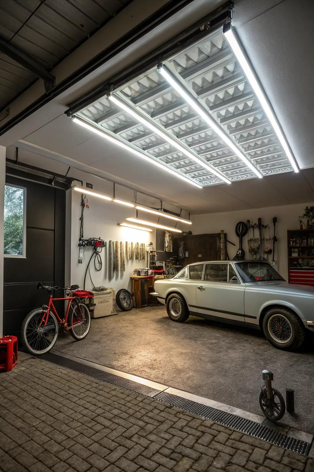 LED ceiling lights deliver bright, energy-saving illumination suitable for any garage.