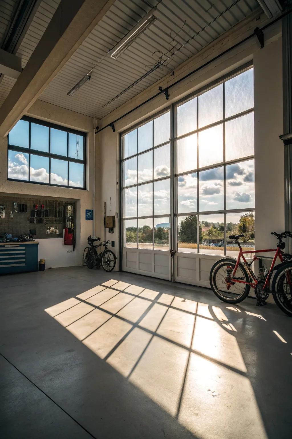 Natural light streaming through garage windows creates a bright and eco-friendly environment.