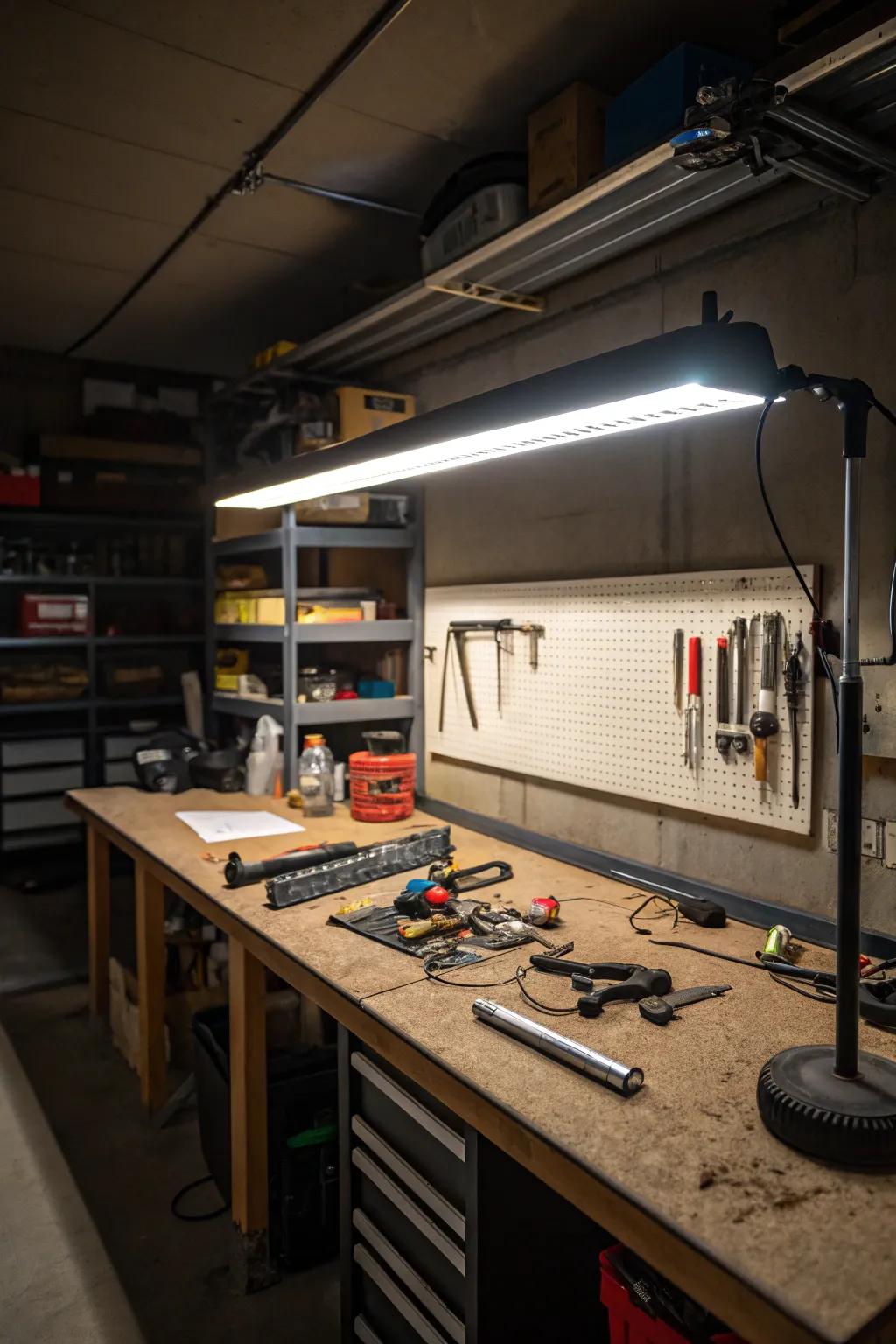 Linear lighting fixtures provide focused illumination for garage workstations.