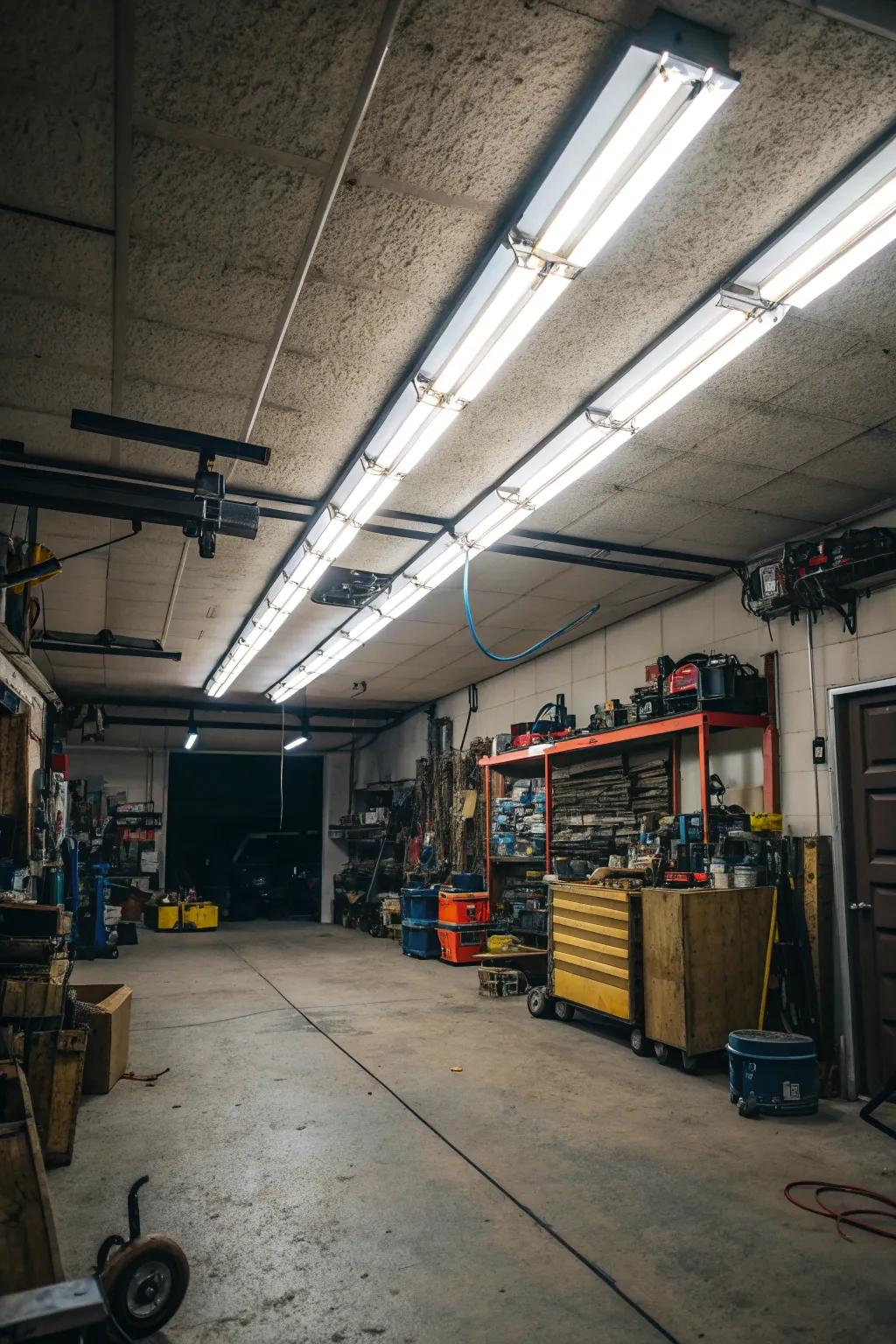 Fluorescent lights provide budget-friendly and energy-saving illumination for garages.