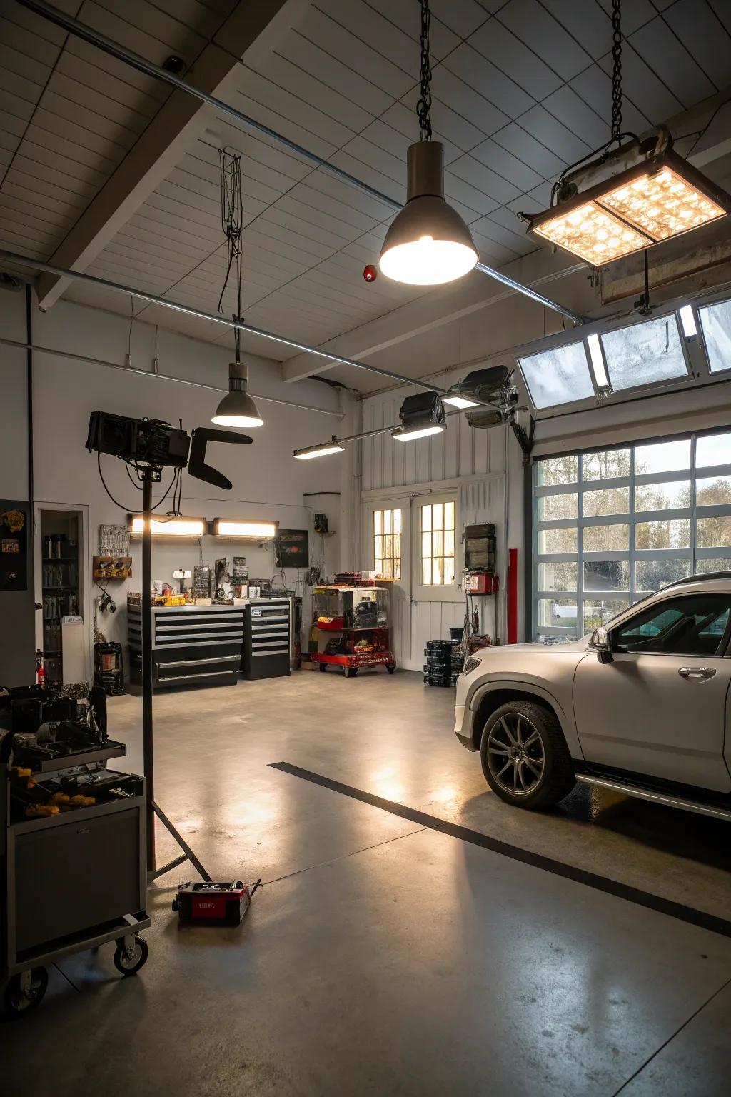 Using various light sources ensures comprehensive illumination in spacious garages.
