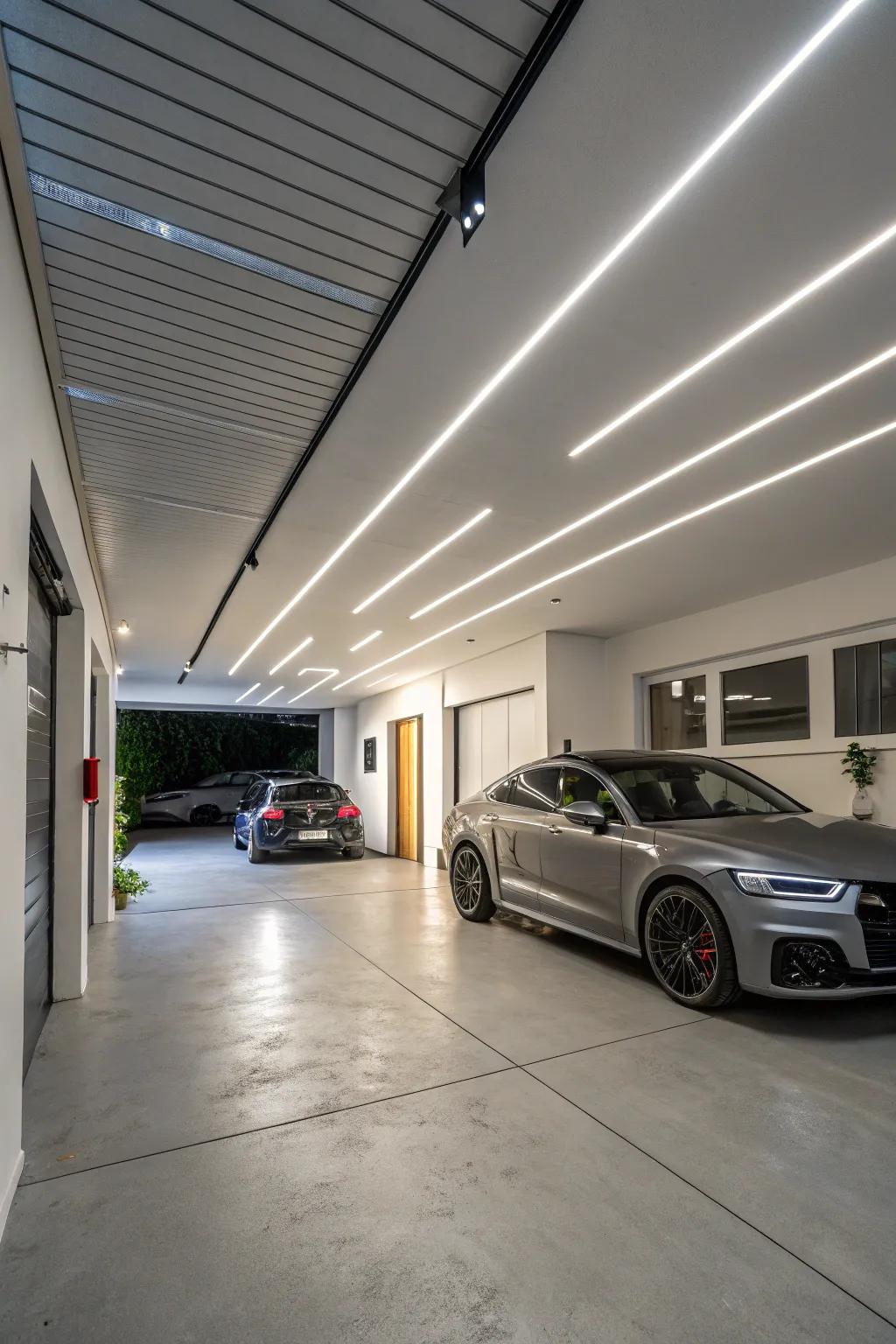 Linear ceiling lights provide sleek, uniform lighting adaptable to various garage sizes.