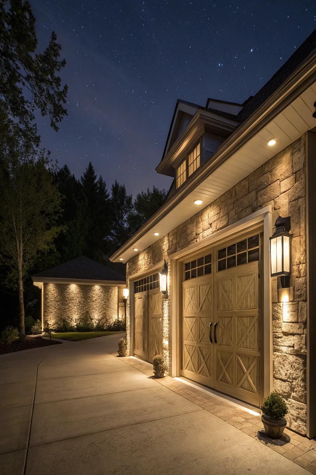 Well lights provide subtle upward lighting to enhance garage exteriors.