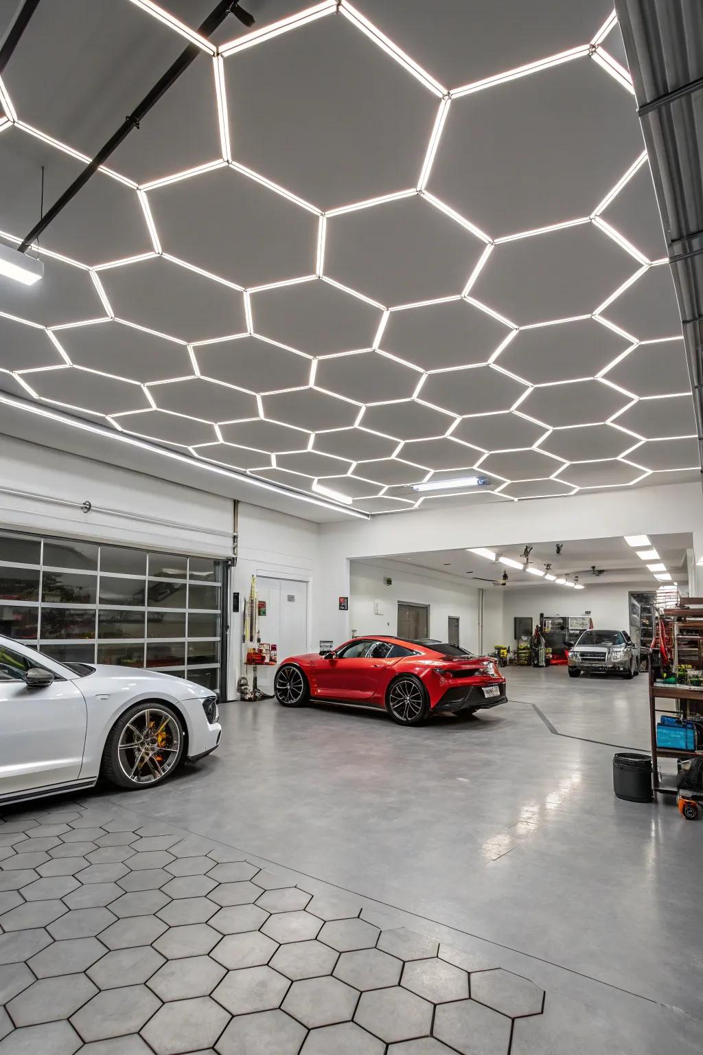 Hexagon ceiling grids create a distinctive and evenly lit garage ceiling.