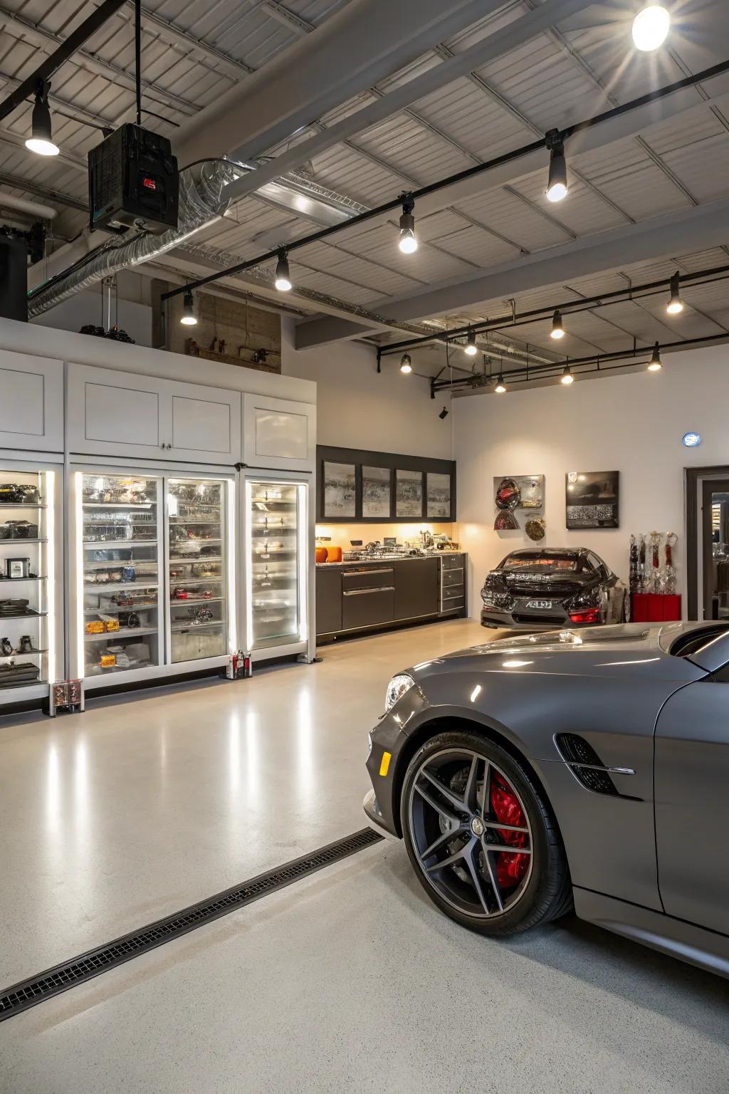 Showroom-style lighting combines task and accent lights for a polished garage look.