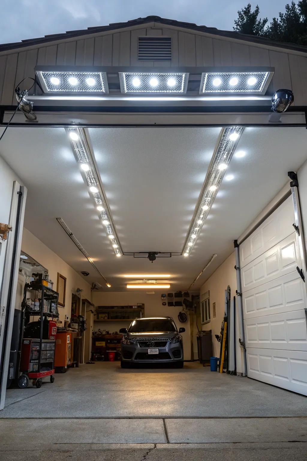 Five-panel LED lights offer customizable and bright lighting for garages.