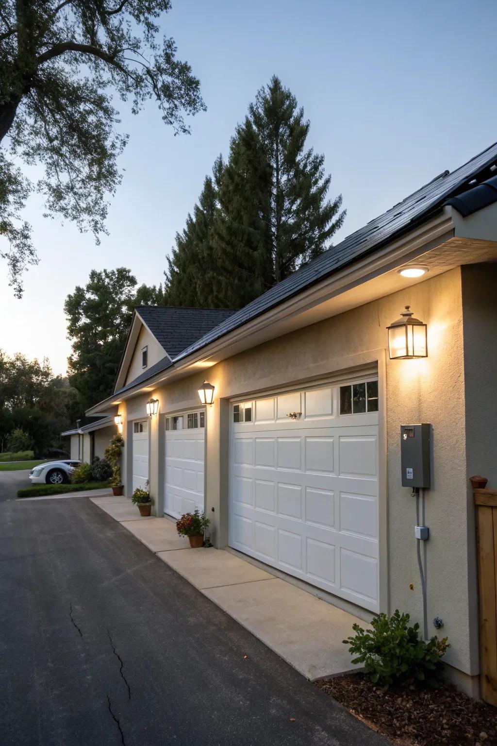 Solar-powered lights offer sustainable and cost-effective garage exterior illumination.