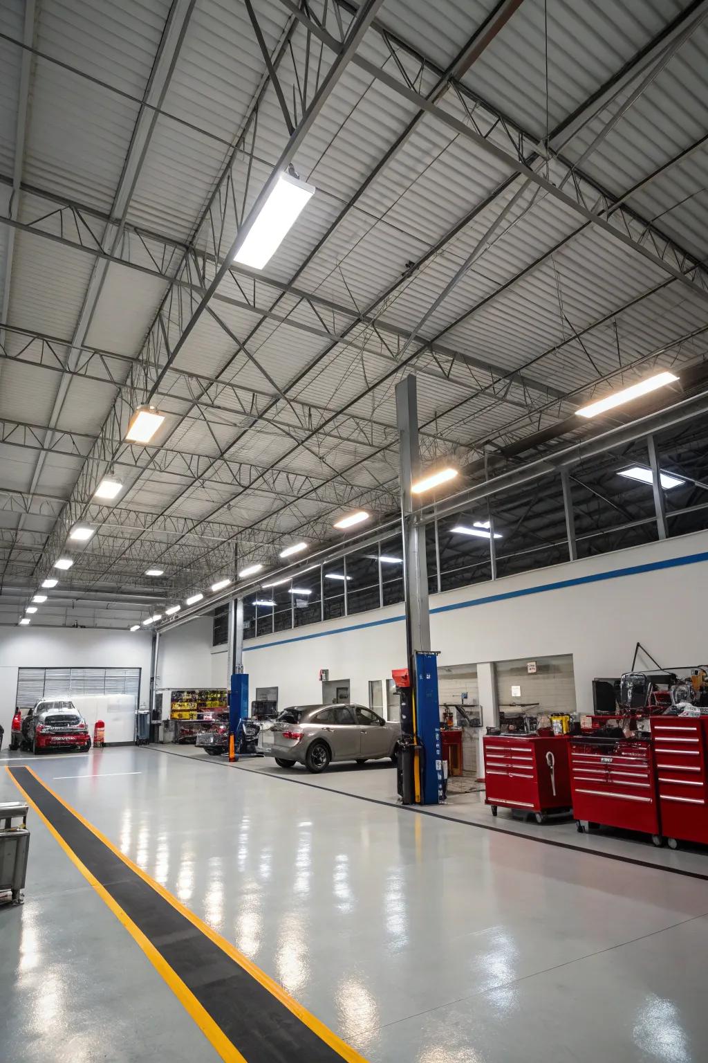 High bay lights are designed for garages with tall ceilings, offering broad light coverage.