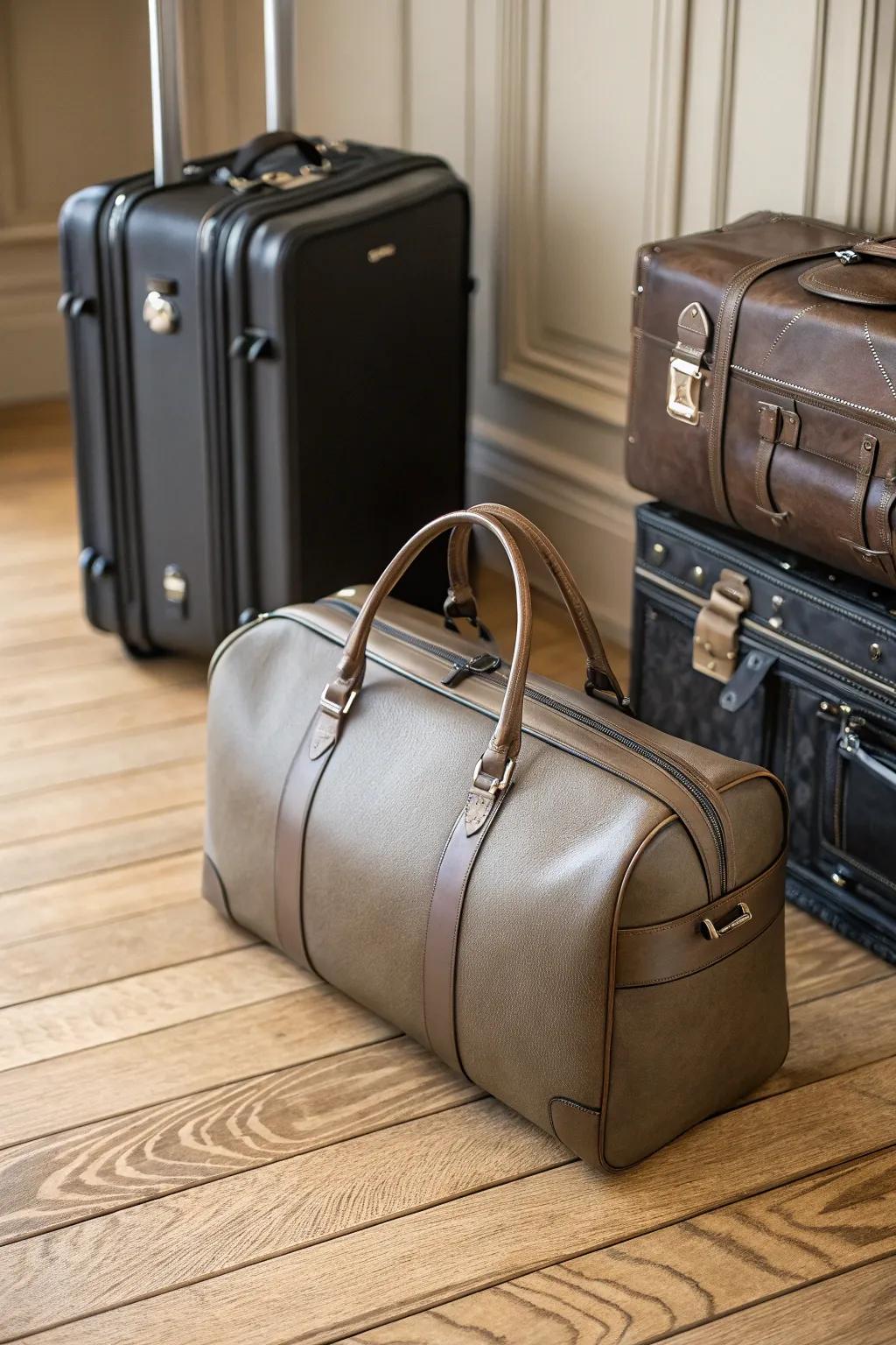 Leather travel bag combining fashion and function.