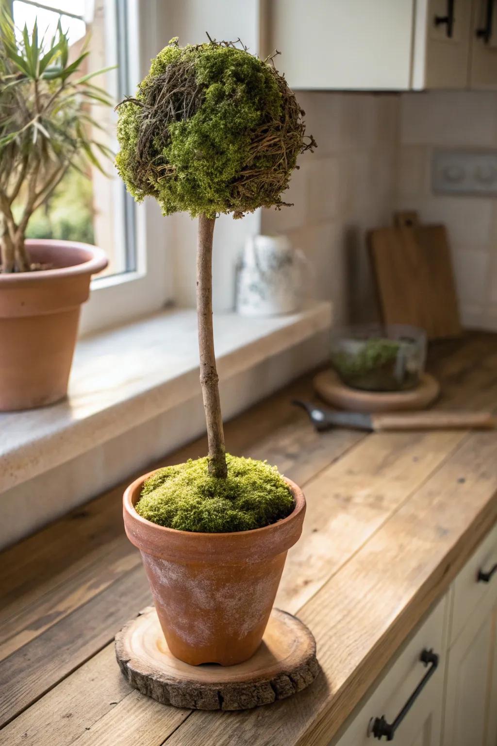 Rustic stick and moss topiary on kitchen counter
