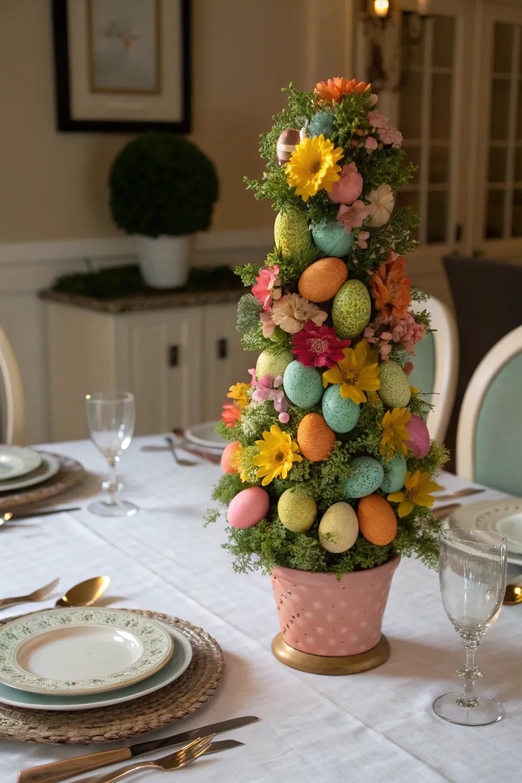 Spring egg topiary adding a festive touch to a dining table