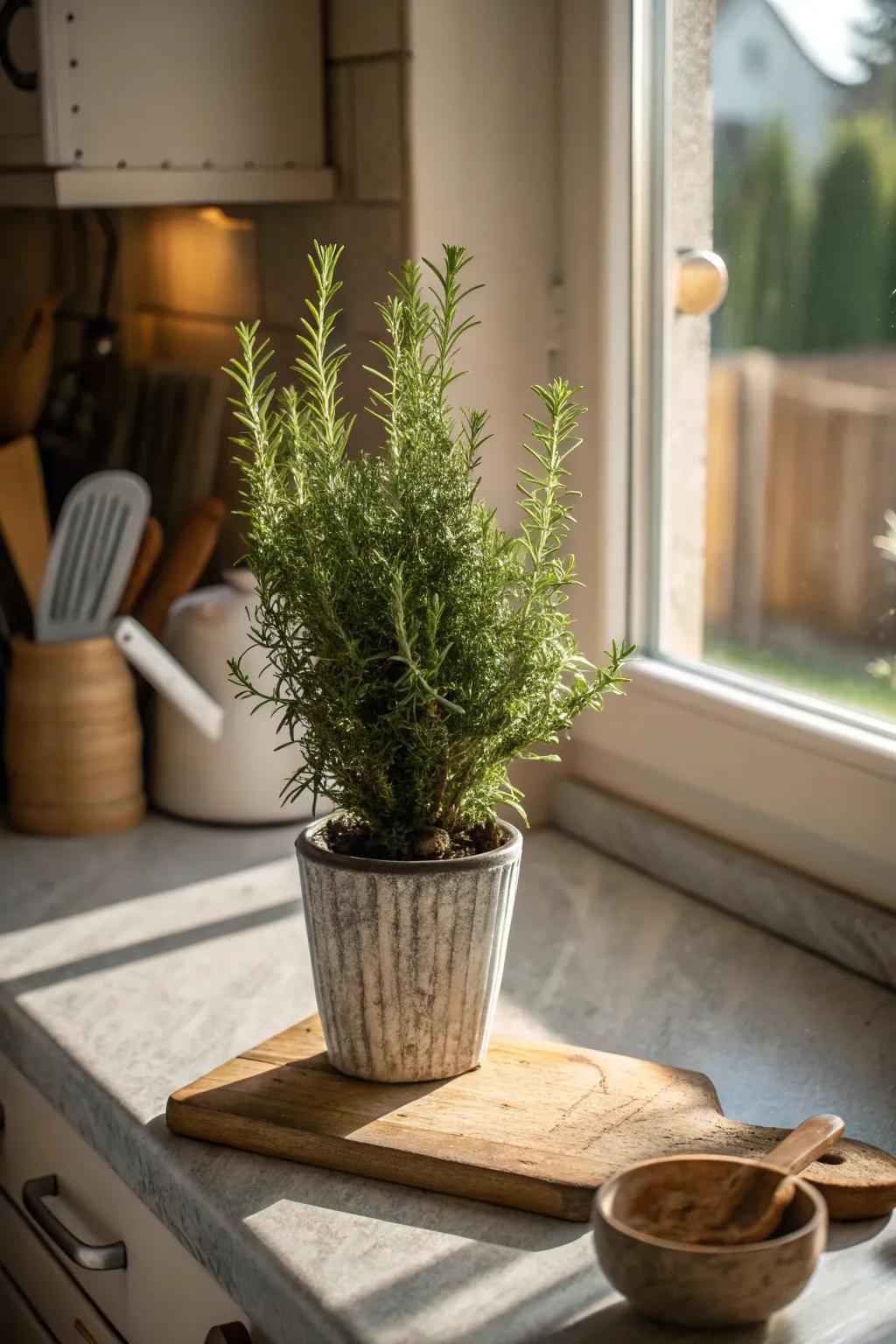 Miniature herb topiary adding freshness to a kitchen windowsill