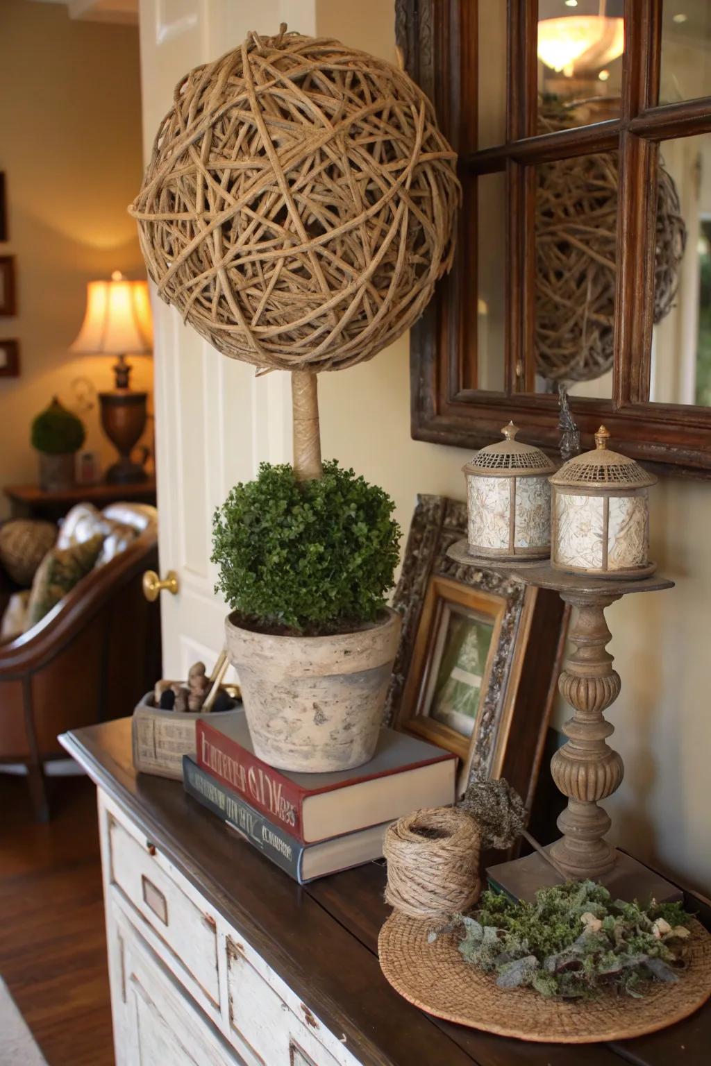 Rustic twine topiary welcoming guests in farmhouse entryway