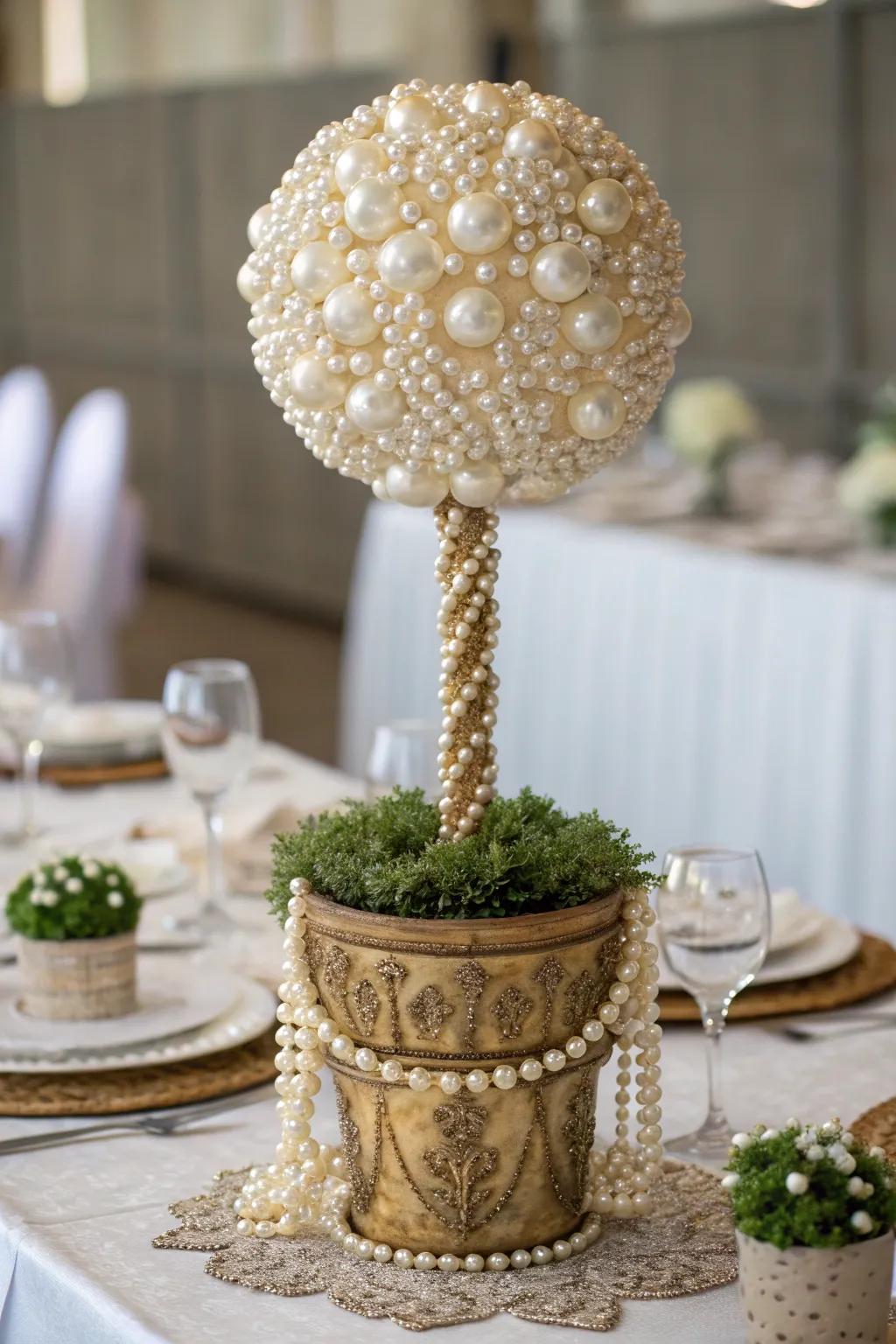 Elegant pearl topiary enhancing festive dining décor