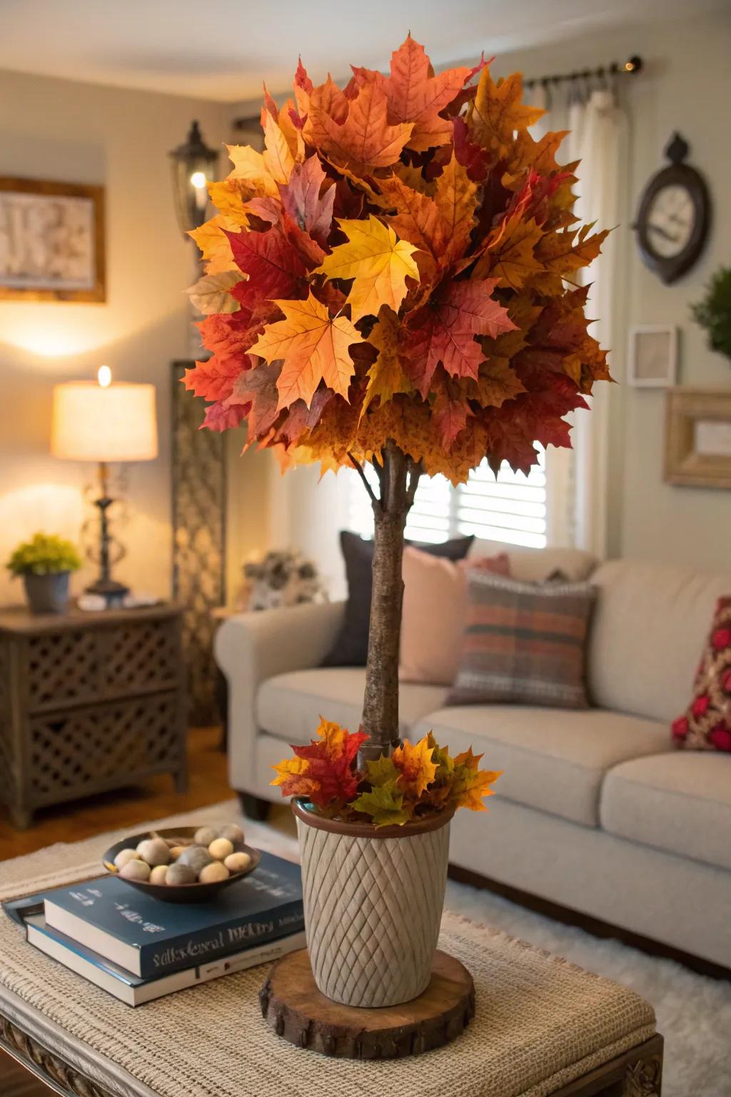 Autumn leaf topiary adding warmth to a fall-themed living room