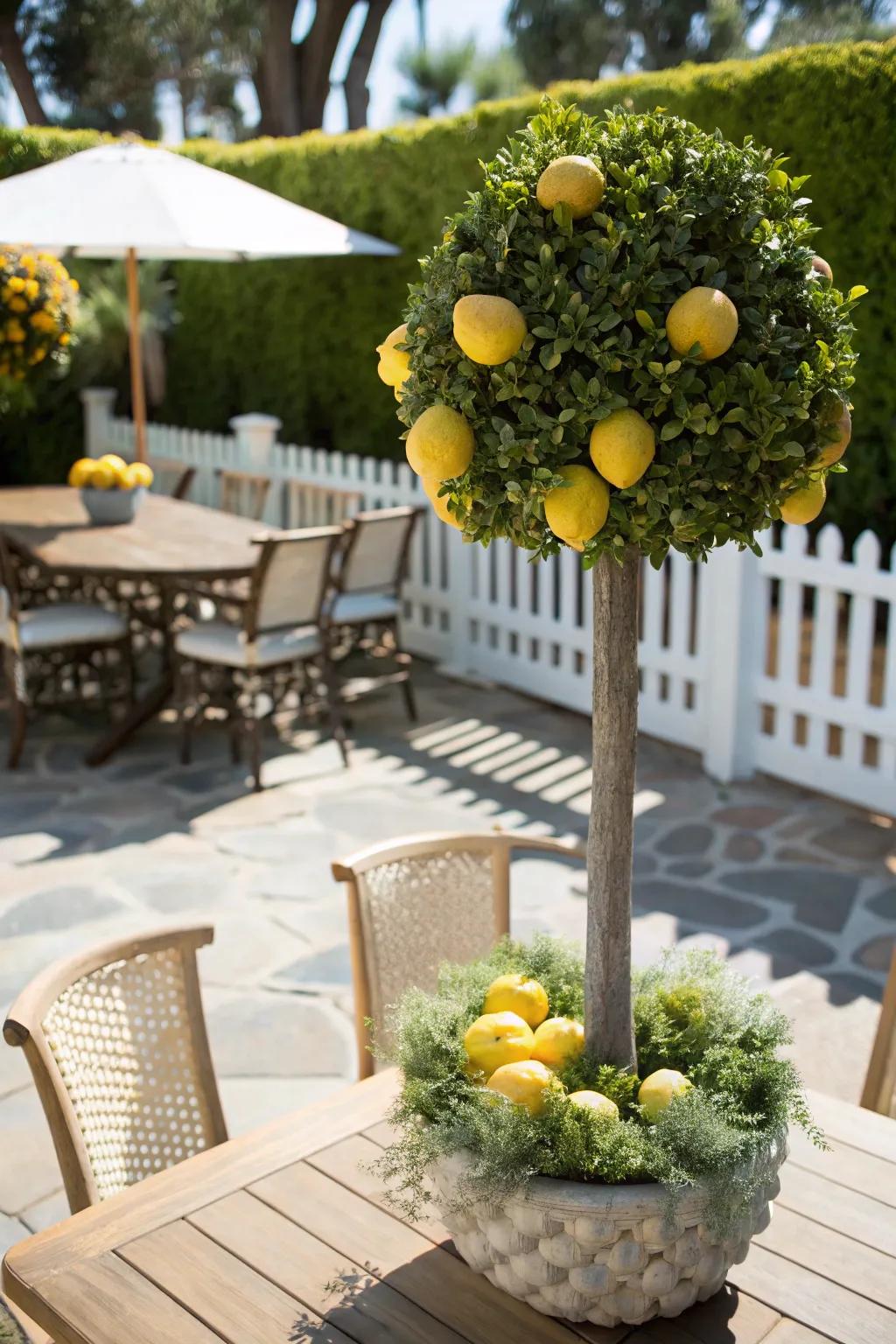 Bright citrus topiary energizing a summer patio