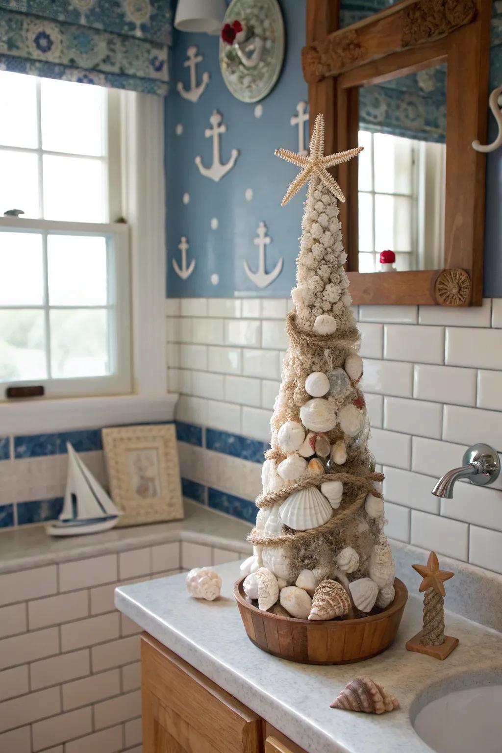 Beach-themed shell topiary adding coastal charm to a bathroom