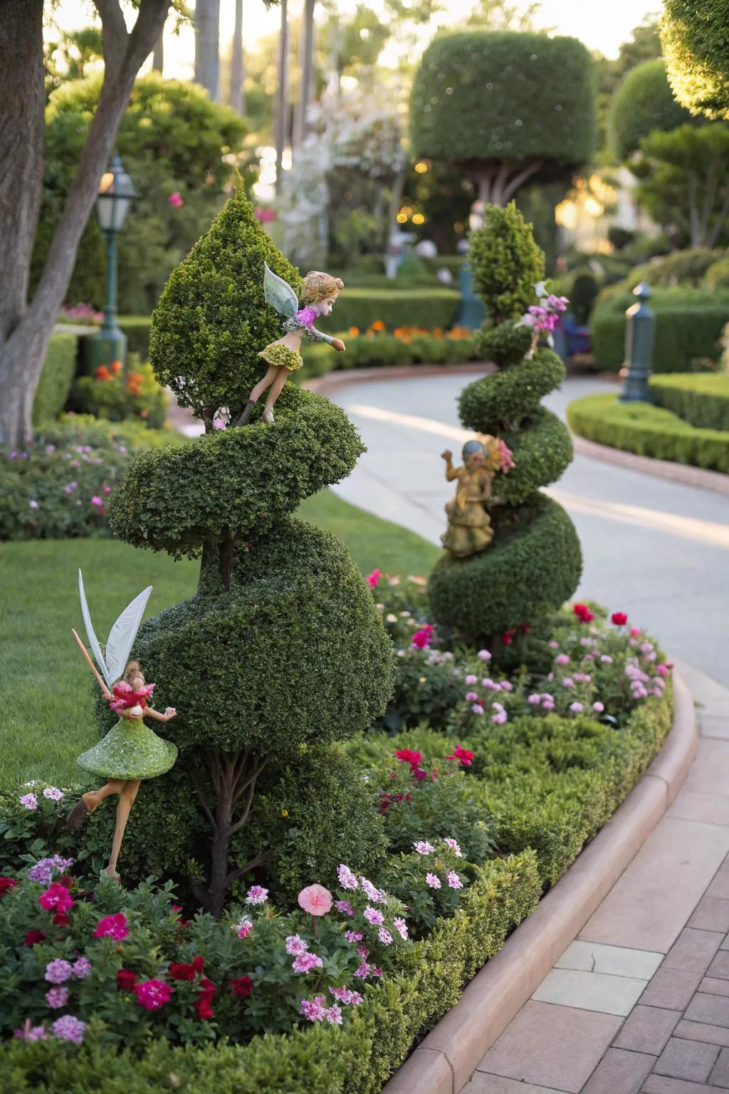 Whimsical fairy garden topiary creating a magical garden scene