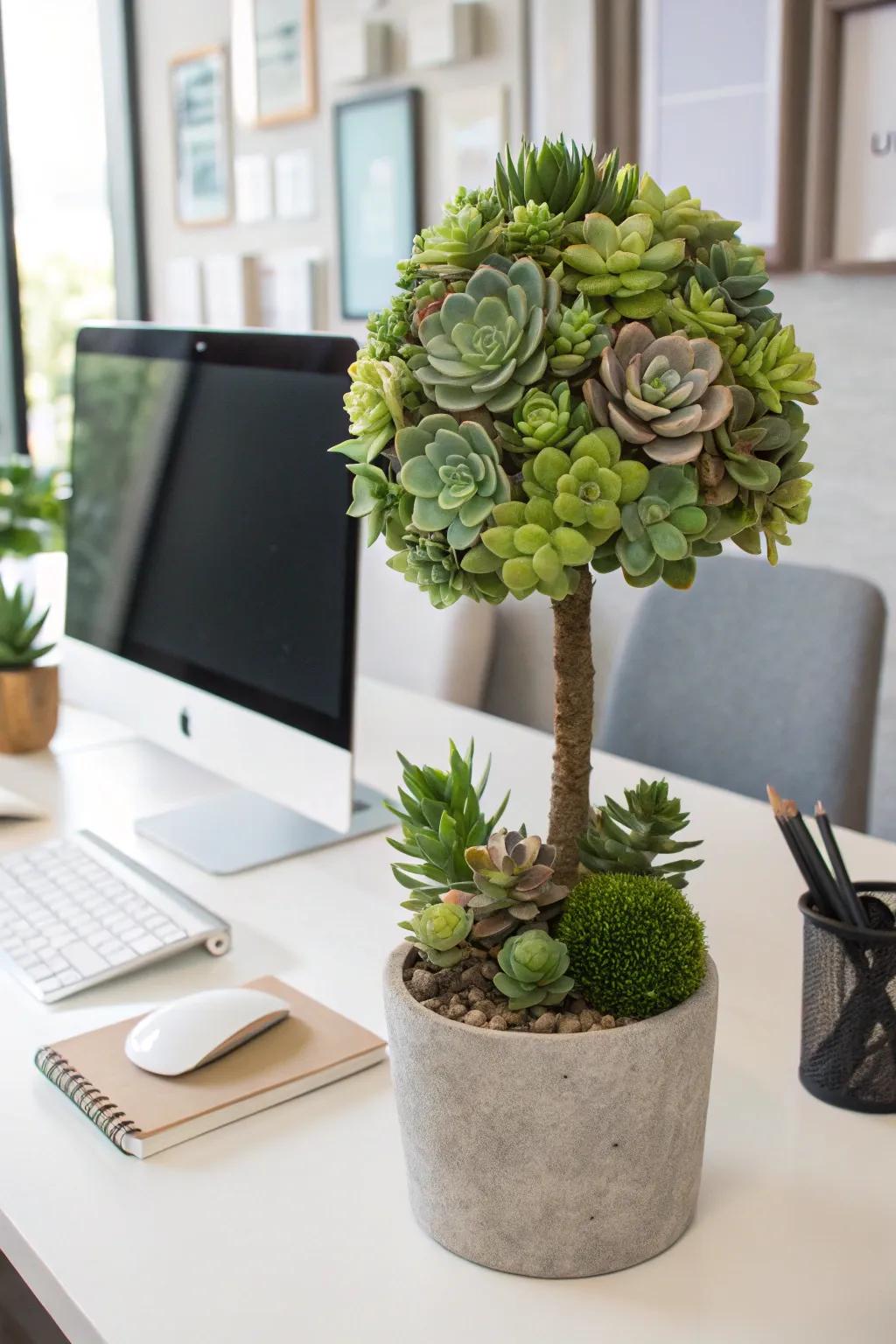 Chic succulent topiary adding modern flair to a minimalist office