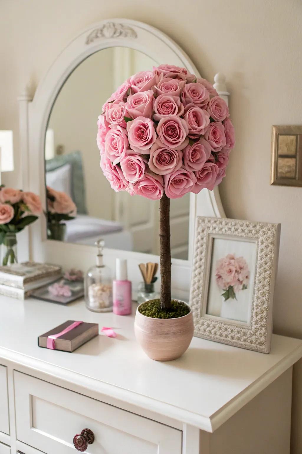 Romantic rose topiary creating a dreamy bedroom atmosphere
