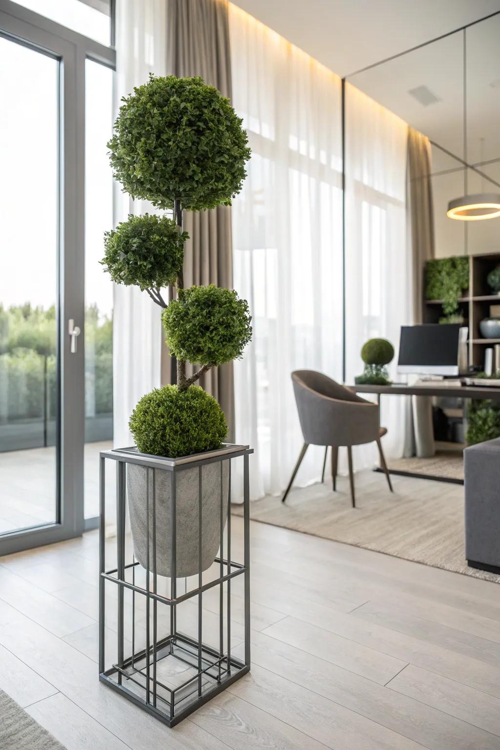 Modern geometric topiary enhancing a sleek office space
