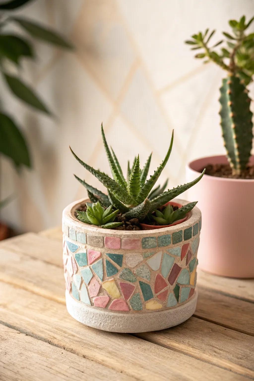 Brighten your home with mosaic-adorned clay succulent planters.