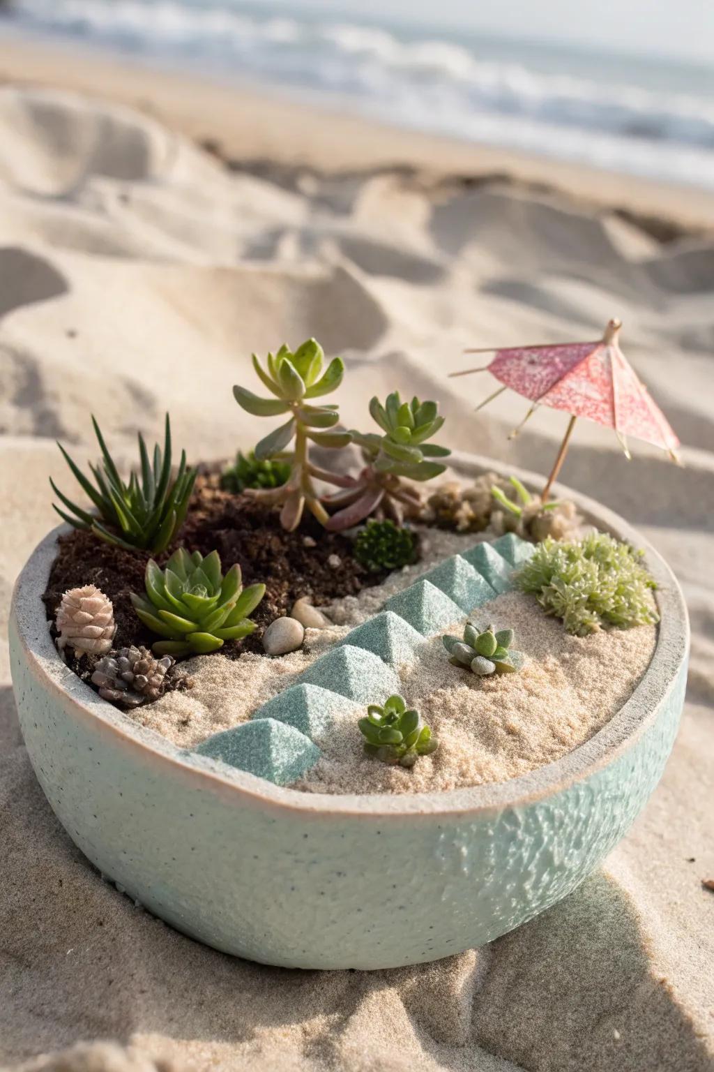 Create a whimsical miniature beach-themed succulent planter.