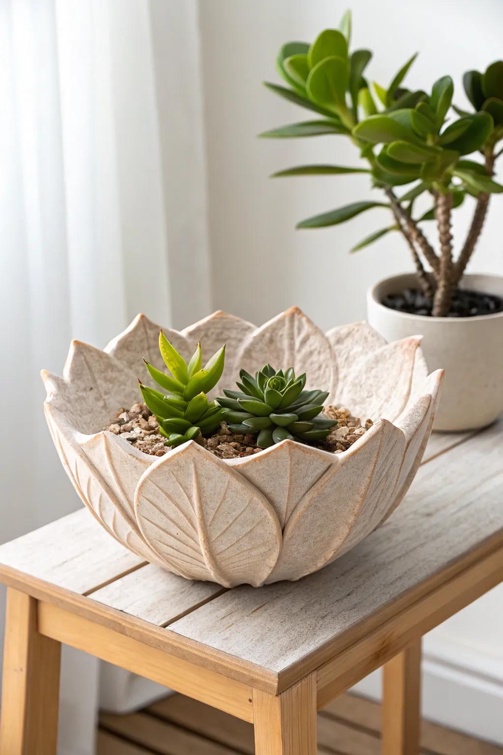 Bring natural elegance indoors with leaf-shaped clay planters.