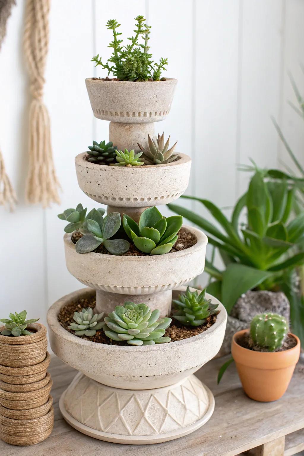 Create a stylish vertical garden with stacked clay planters.