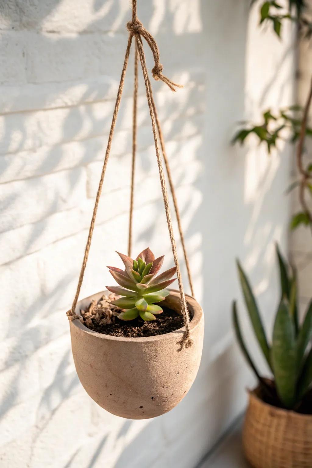 Add elegance with hanging clay succulent planters.
