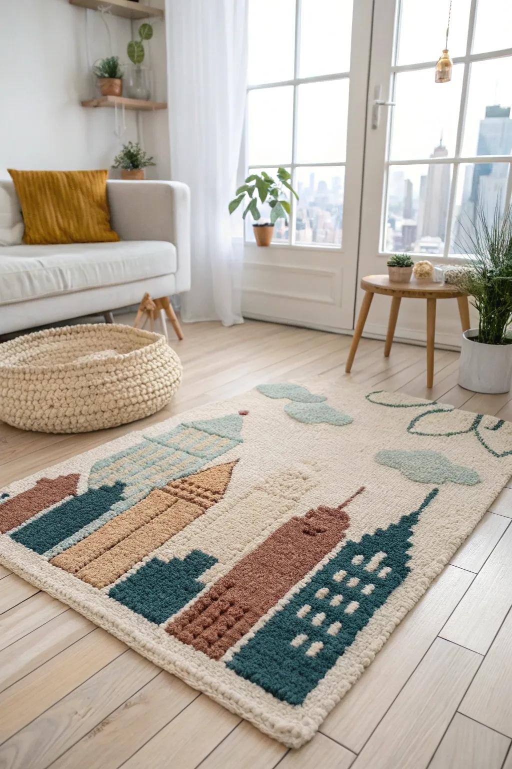 Modern punch needle rug featuring a sleek city skyline, adding urban sophistication to your decor.