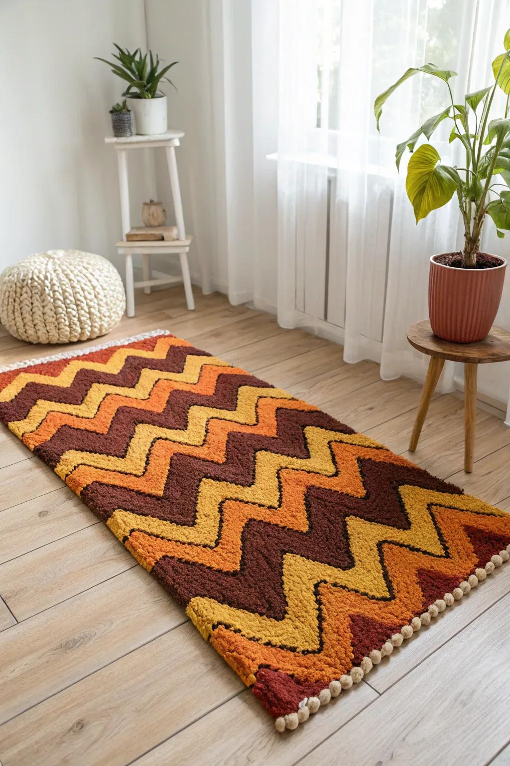 Retro-inspired punch needle rug featuring bold zigzag patterns, adding nostalgic warmth.