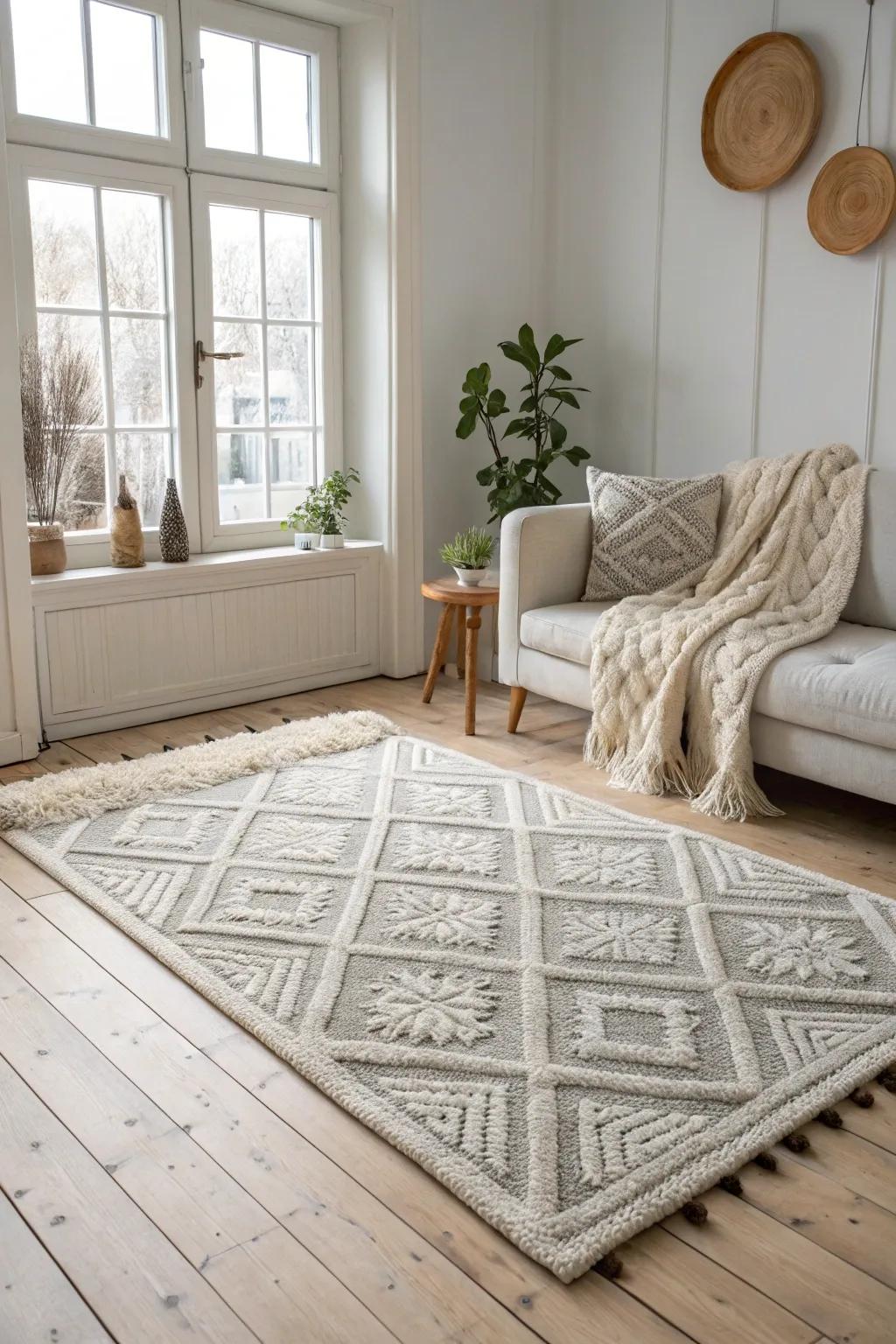 Sophisticated monochrome punch needle rug, ideal for minimalist and modern interiors.