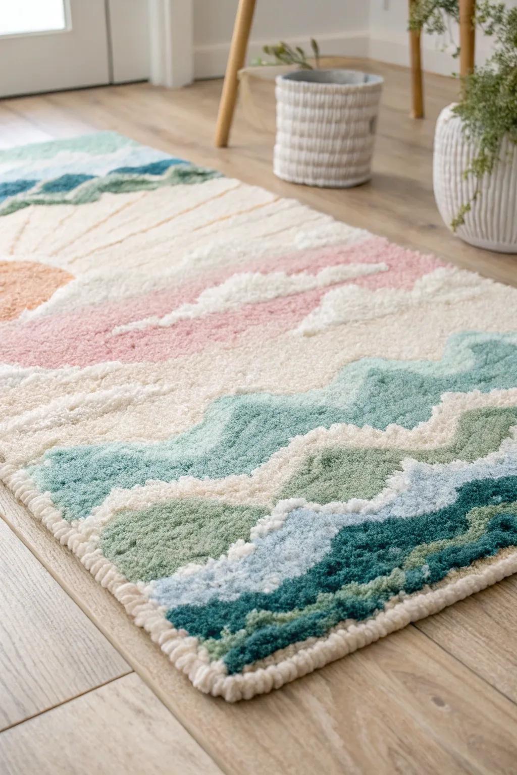 Watercolor-inspired punch needle rug blending pastel hues for a serene and artistic effect.